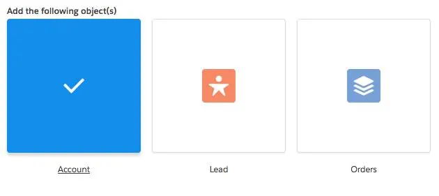 Three icons wrapped in a box with borders and written labels below them: Account icon, Lead icon, and Orders icon. The Account icon changes to a checkmark in the middle, the box color is blue, and the Account label is underlined to indicate it is focused and selected.