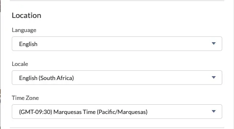 Location form with Language, Locale, and Time Zone dropdown lists.