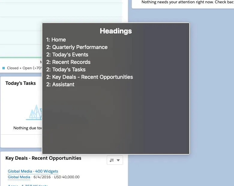 Heading list view with Home as heading 1 and its remaining sub-items as heading 2: Quarterly Performance, Today’s Events, Recent Records, Today’s Tasks, Key Deals - Recent Opportunities, and Assistant.