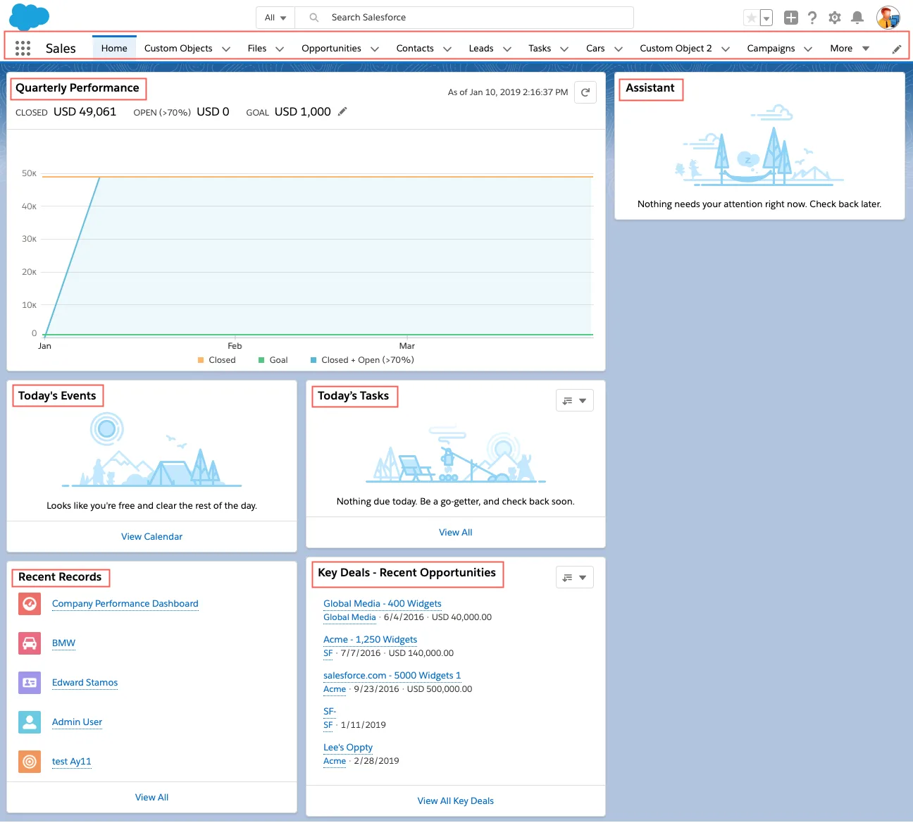 Navigation is highlighted, and the sections on the page are clearly labeled: Quarterly Performance, Today’s Events, Today’s Tasks, Recent Records, Key Deals - Recent Opportunities, and Assistant.