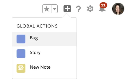 Global navigation with informational icons: Star (Favorites), Plus sign (Add), Question mark (Help), Gear (Settings), Alarm bell (Notifications), and Picture (User avatar).