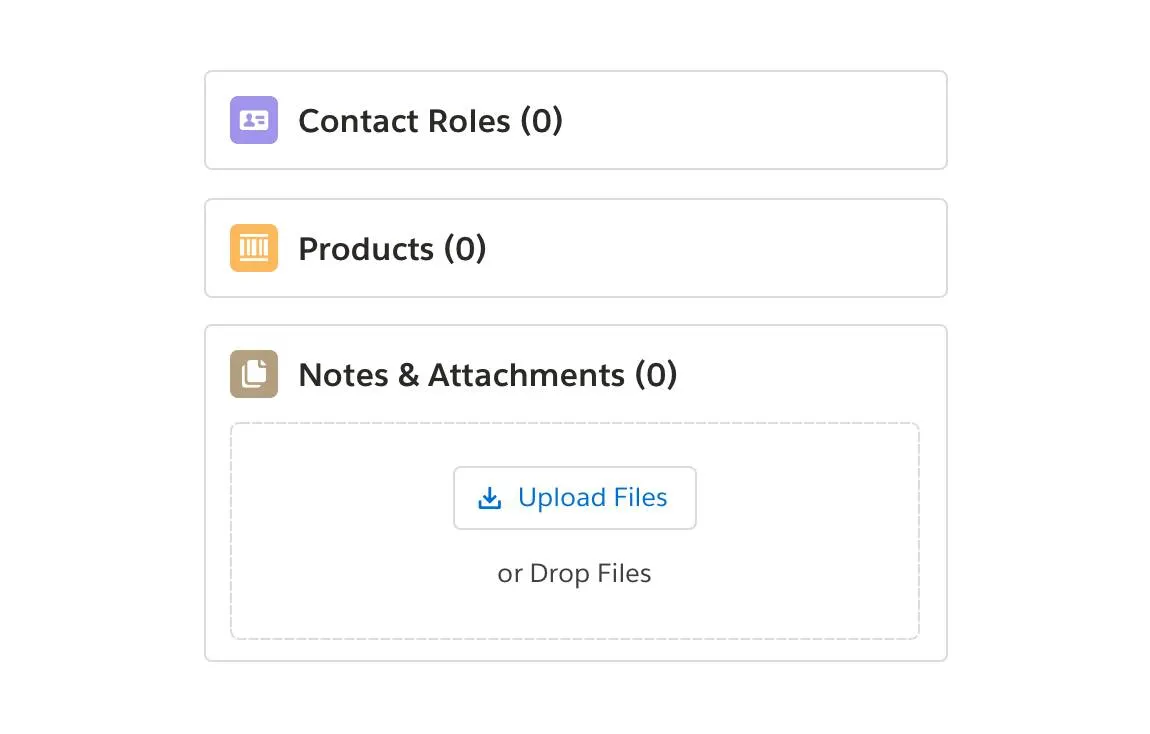 Imagen de la interfaz que muestra los iconos de Contact Roles, Products y Notes & Attachment con texto adyacente que describe la información [es decir, icono de archivos junto a Notes & Attachments (0)].