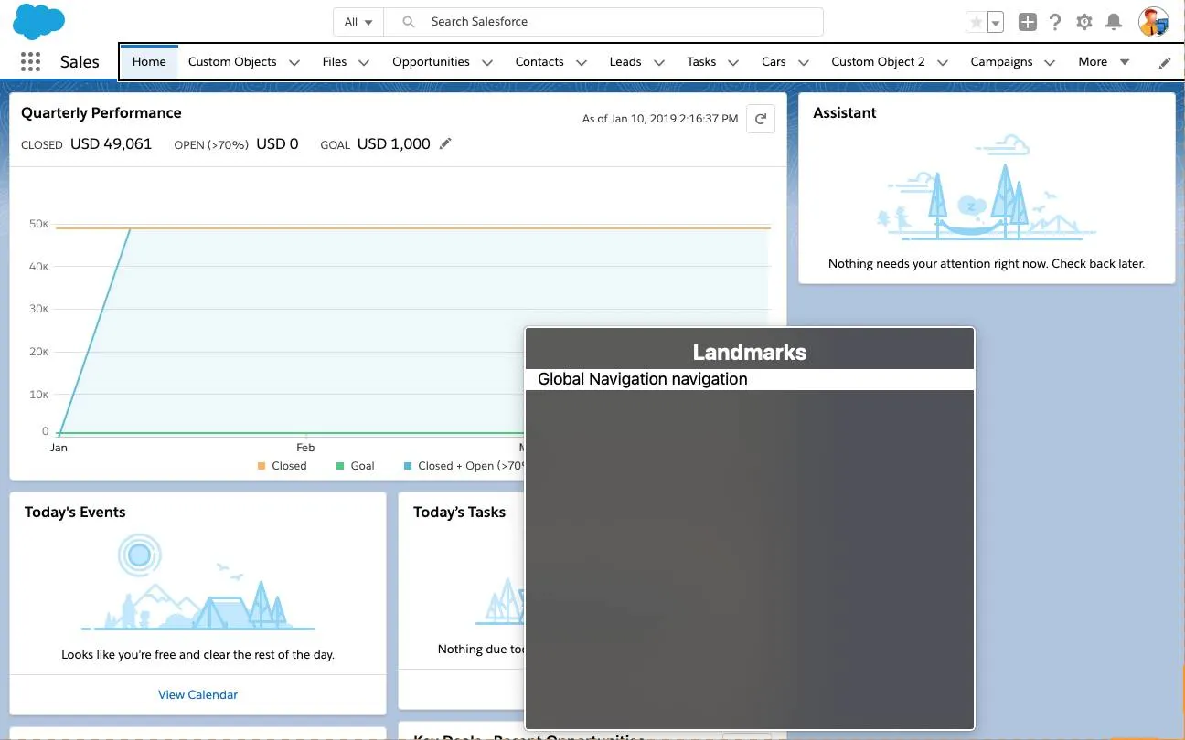 La página de inicio de Lightning Experience muestra el panel de puntos de referencia de voz en off (VoiceOver). Actualmente, solo se muestra la navegación Global Navigation.