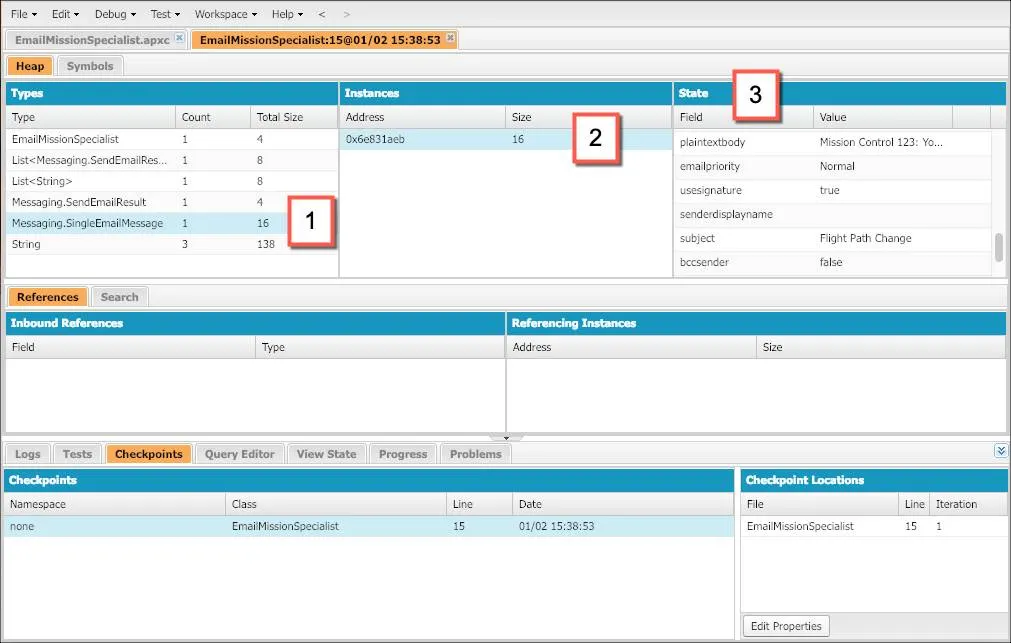 The Heap Tab in teh Checkpoint Inspector