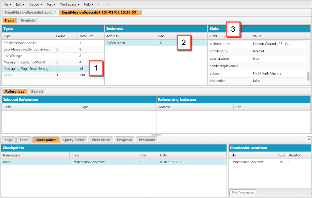 The Heap Tab in teh Checkpoint Inspector