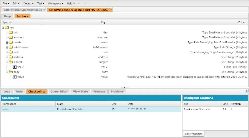 La scheda Symbols (Simboli) in Checkpoint Inspector (Controllo checkpoint)