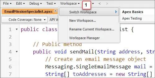 Selecionar Workspace (Espaço de trabalho) > Switch Workspace (Alternar espaço de trabalho)