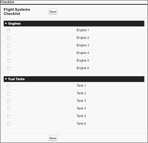 Vorschau der Visualforce-Seite 'Flight Systems Checklist'