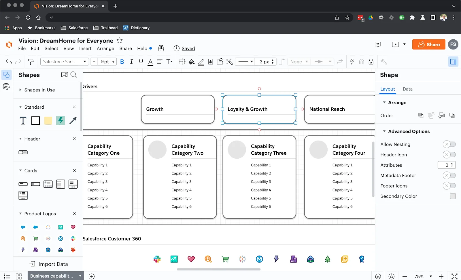 Lucidchart with business capability map open and changes to the business drivers as described above