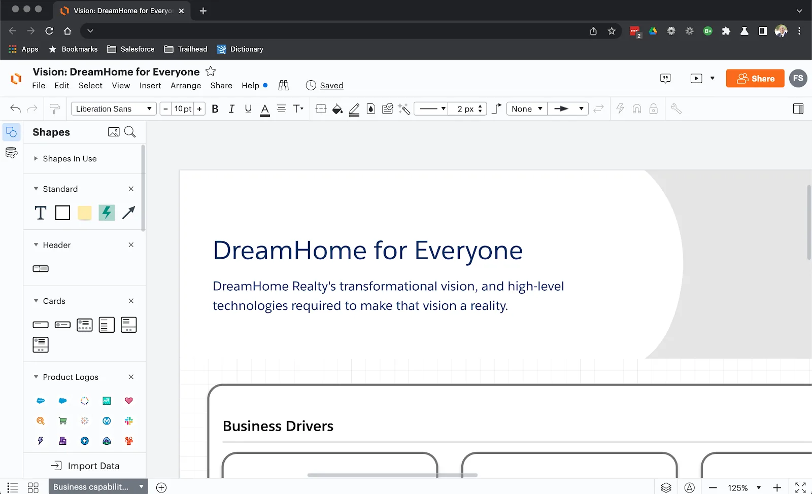 Lucidchart with business capability map open and changes to the header as described above