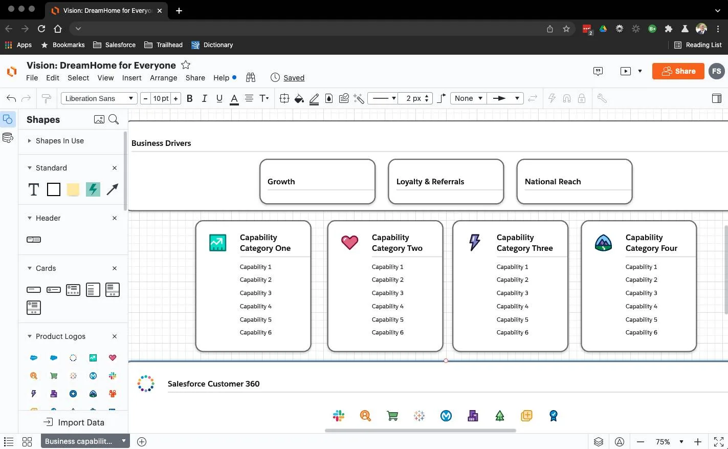 Lucidchart with business capability map open and changes to the Capability Category icons as described above