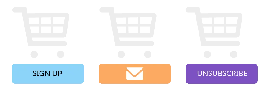 Texto e iconos de carrito de compras para las fases del ciclo de vida del cliente: registro, análisis del email y cancelación de la suscripción.