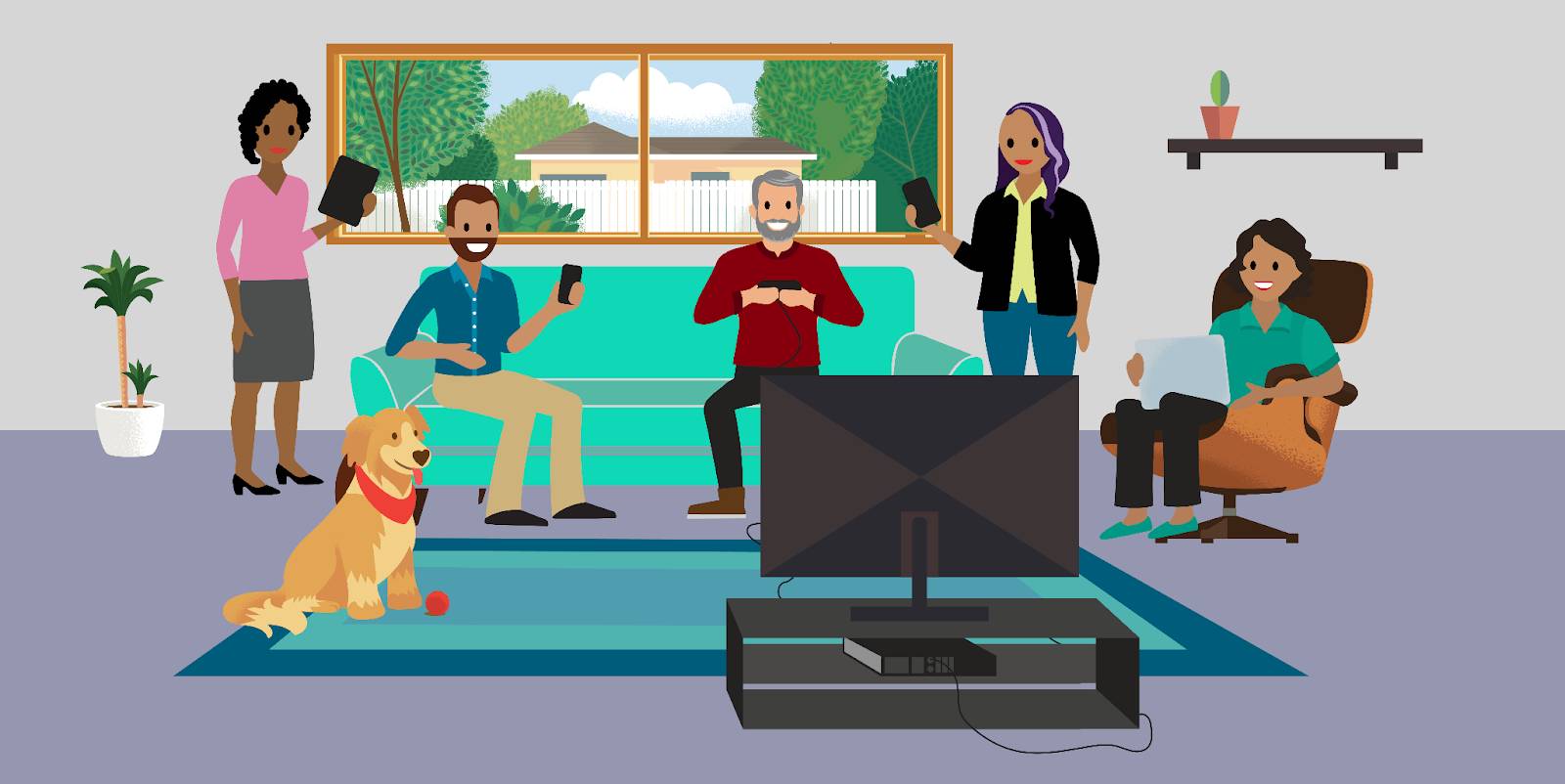 A group of five individuals in a family room all using different digital devices.