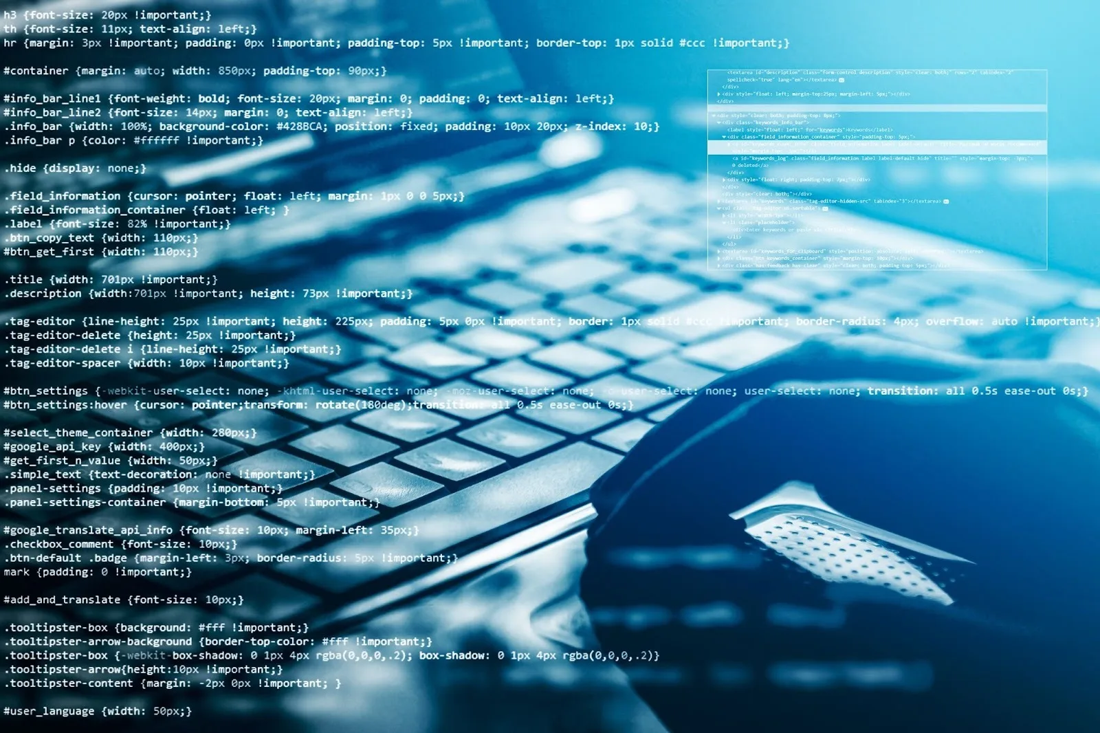 Lines of code overlaid on an image of a hand on a laptop keyboard