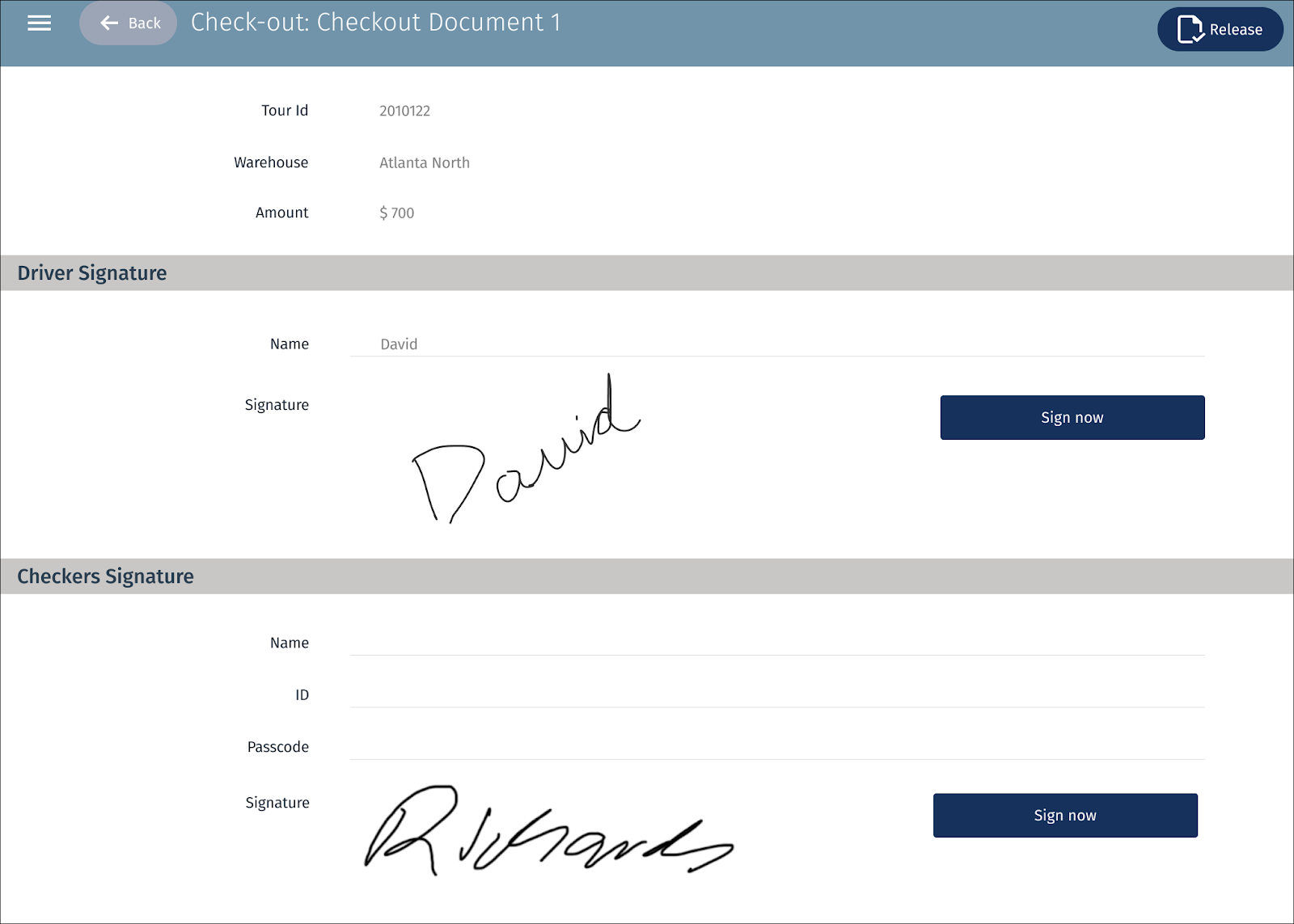 The checkout document with signatures confirming and releasing the checkout.