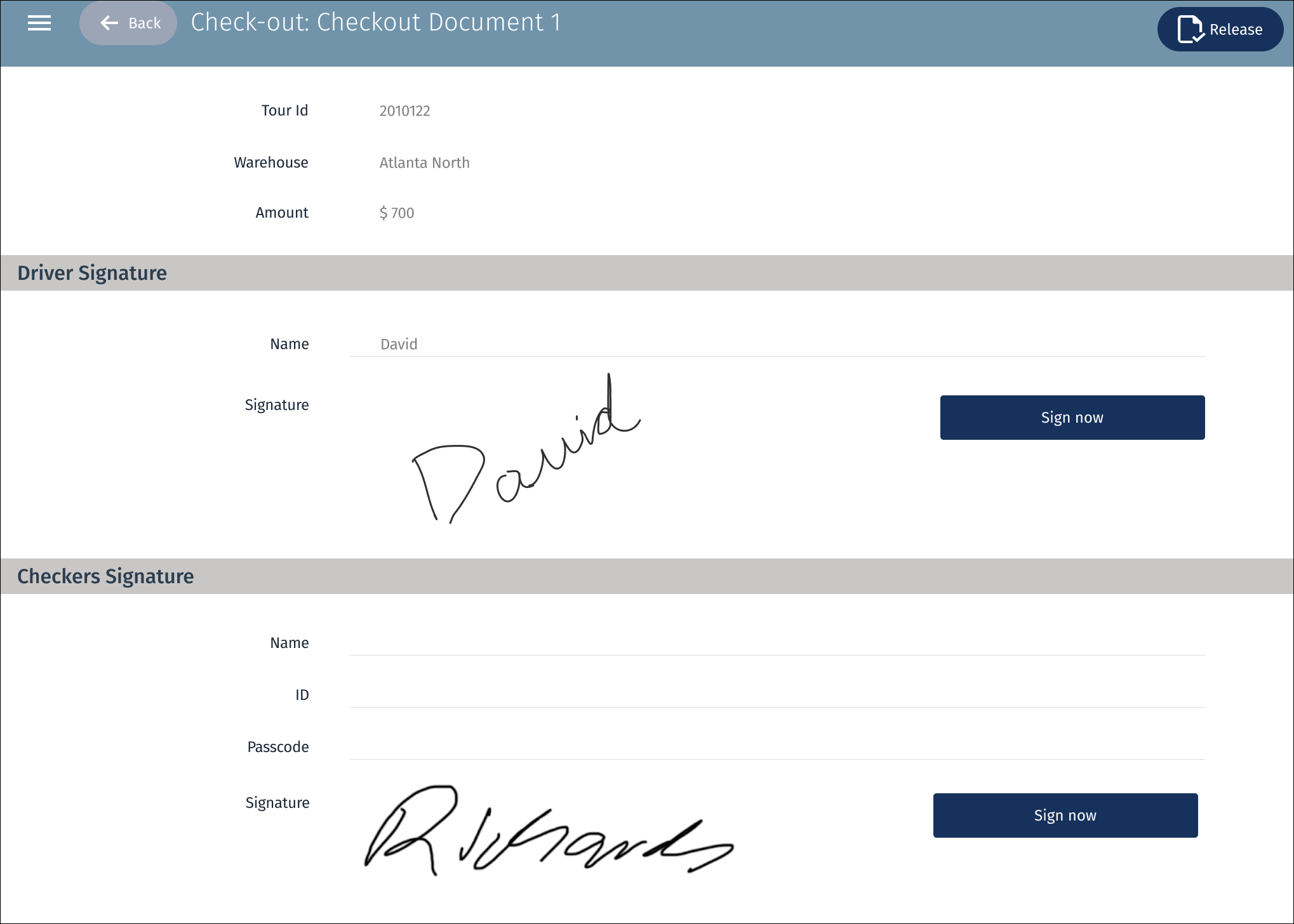 The checkout document with signatures confirming and releasing the checkout.