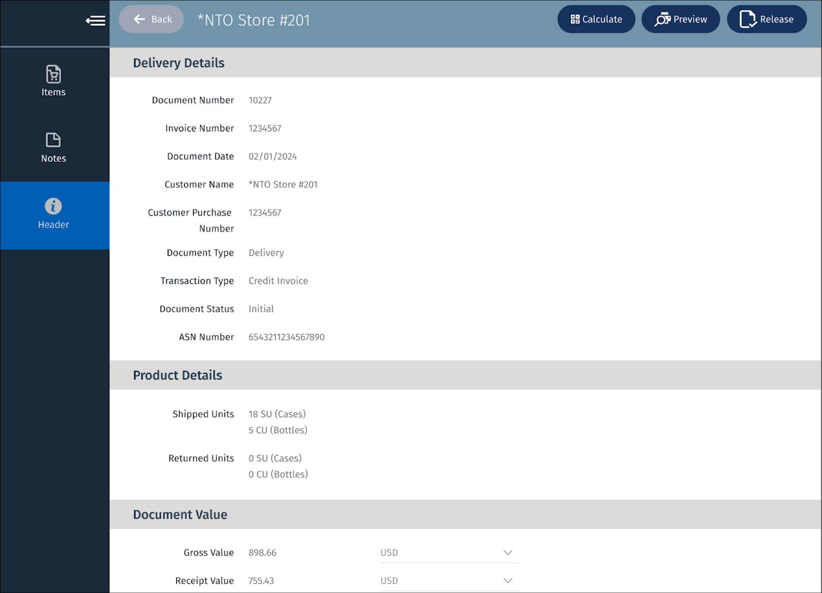The Header view showing the price calculation for products.