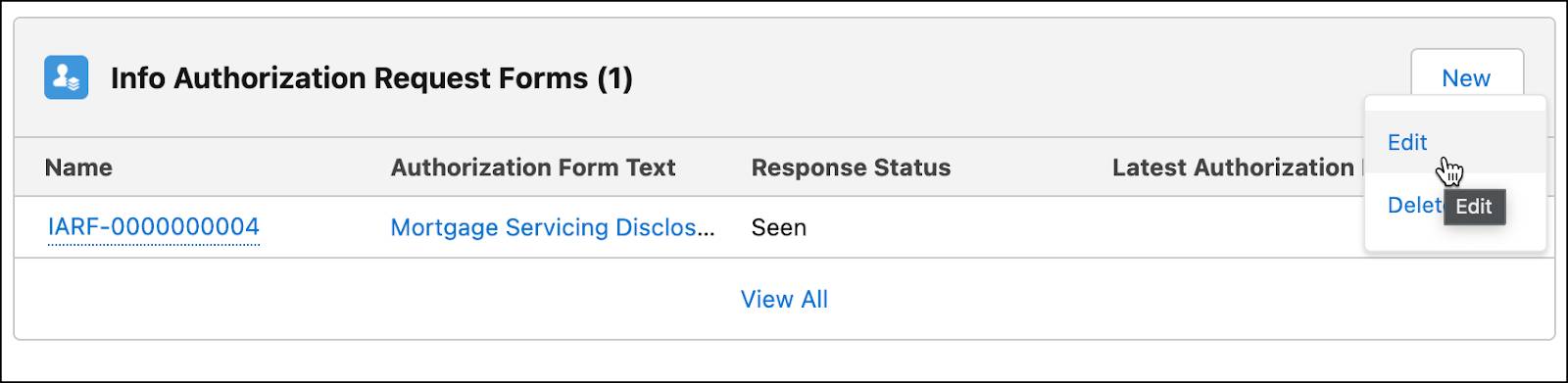 The Info Authorization Request Forms related list showing the Mortgage Servicing Disclosure English.