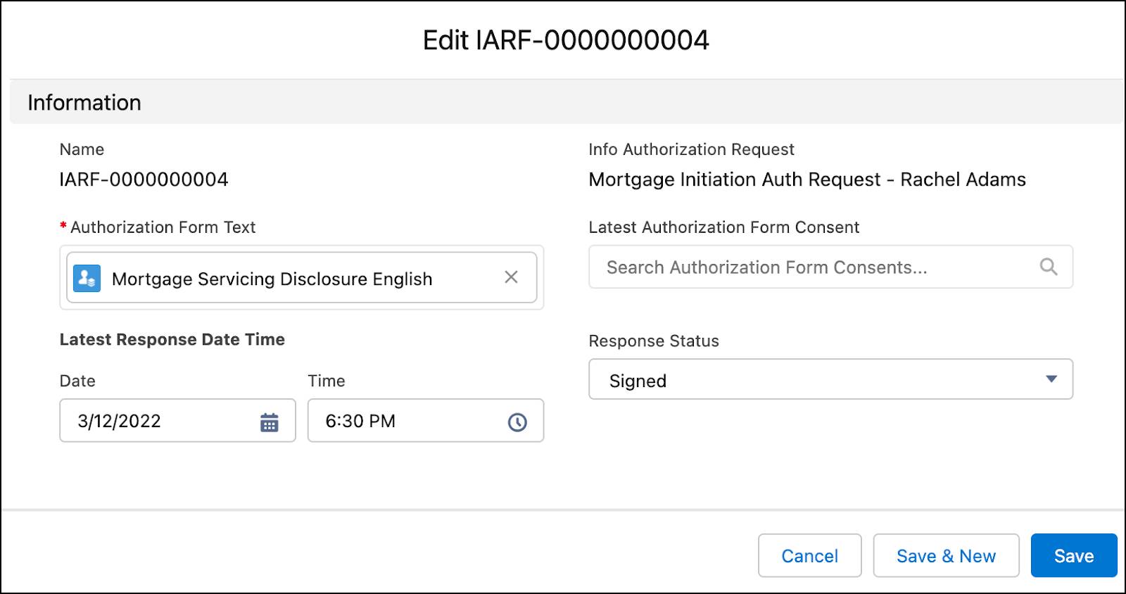 The edit window for Mortgage Initiation Auth Request - Rachel Adams.