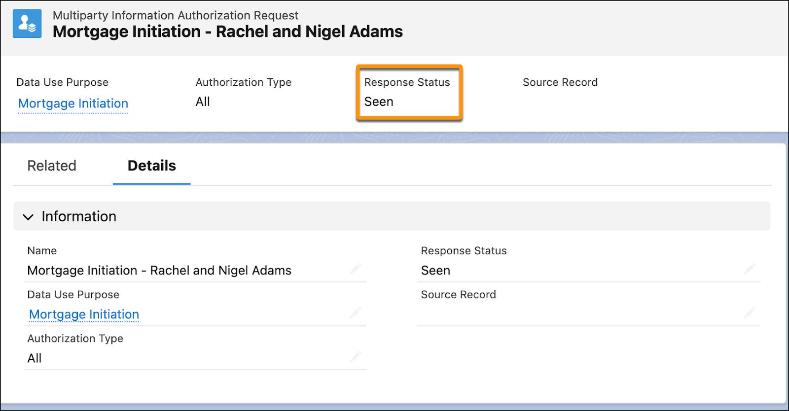 The Multiparty Information Authorization Request record with the Response status highlighted.