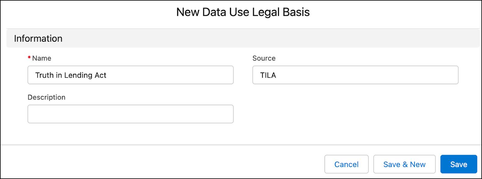 The New Data Use Legal Basis window.