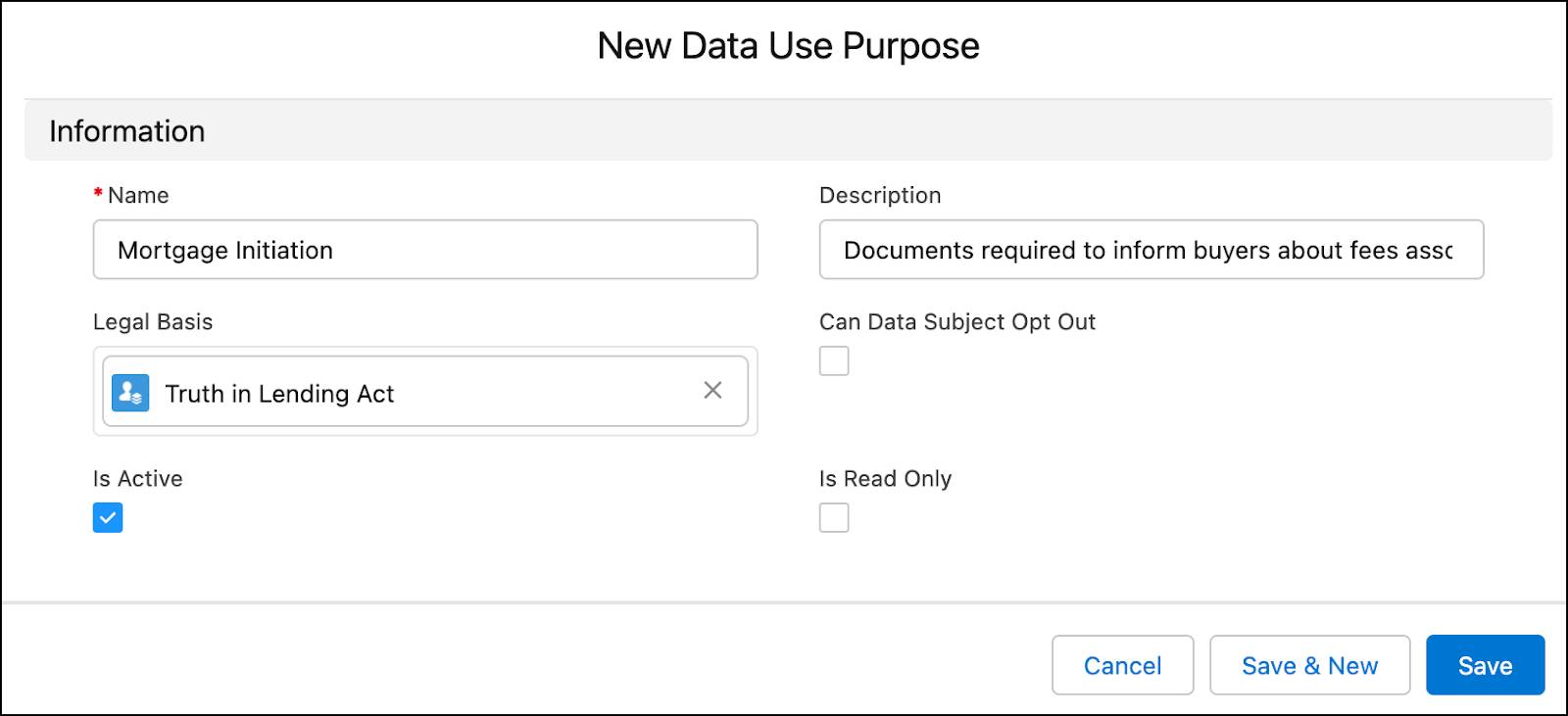 The New Data Use Purpose window.