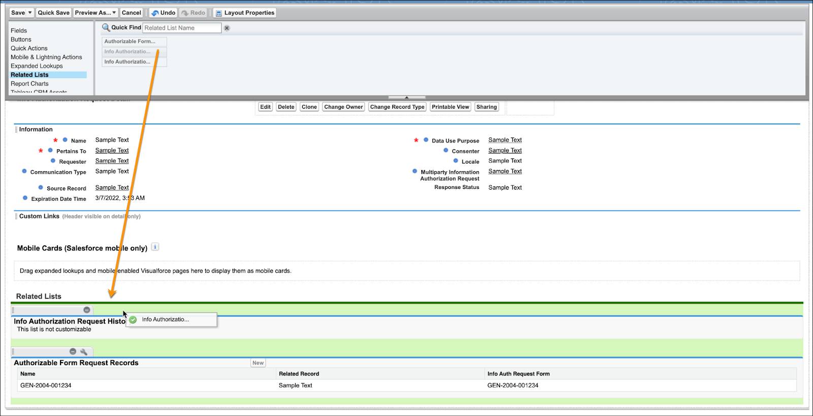 関連リストコンポーネントである [Info Authorization Request History (情報認証要請履歴)]、[認証可能なフォーム要請レコード]、[情報認証要請フォーム] が追加された [ページレイアウト] エディター。