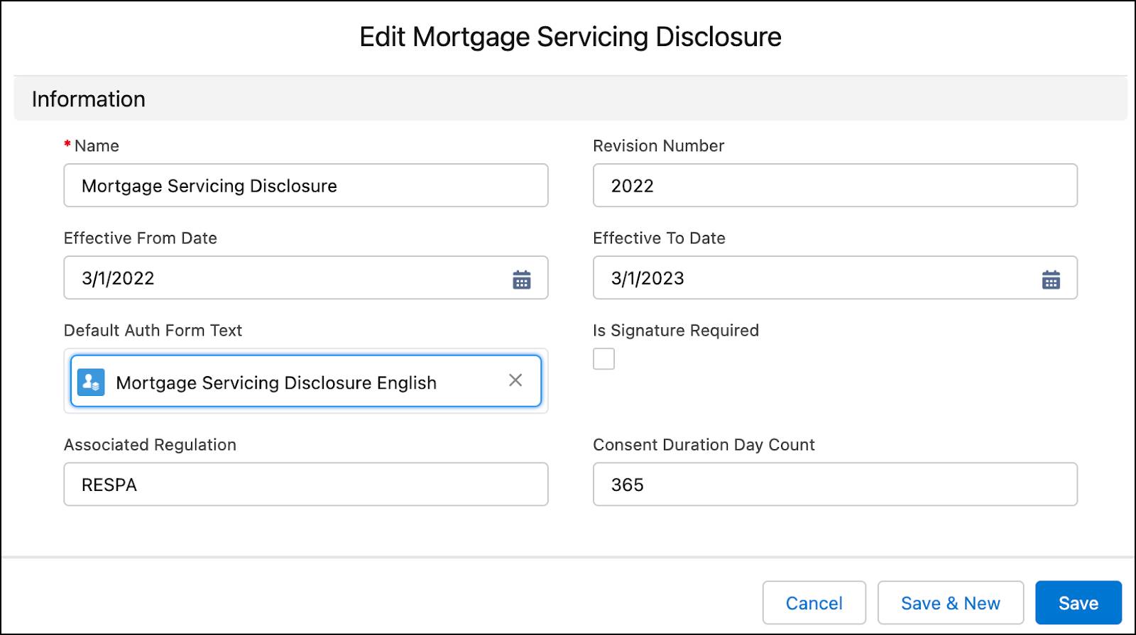 The edit window for Mortgage Servicing Disclosure authorization form