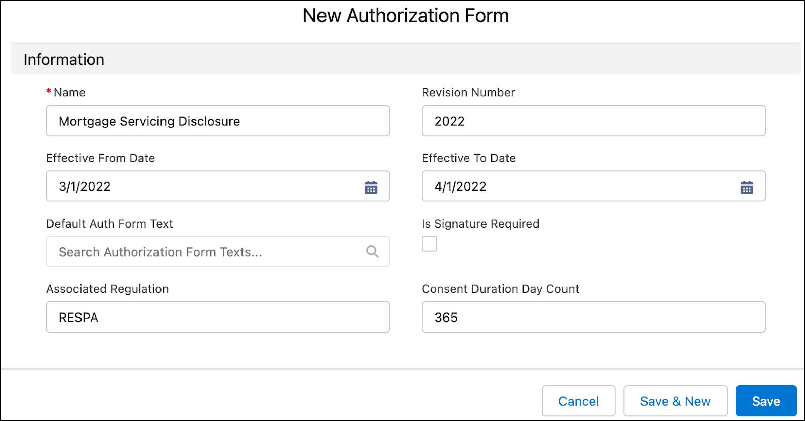 The New Authorization Form window