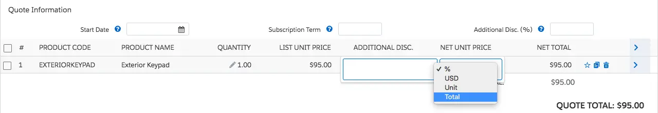 Quote Line Editor with more discount types including %, USD, Unit, and Total