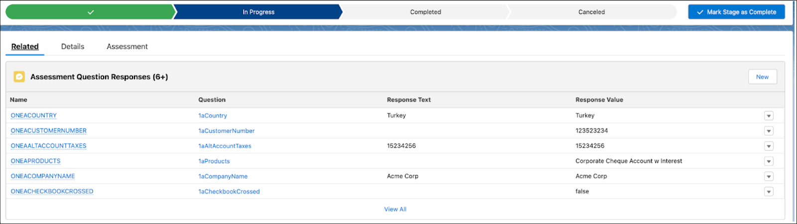 Viewing the responses in the Assessment Question Response related list.