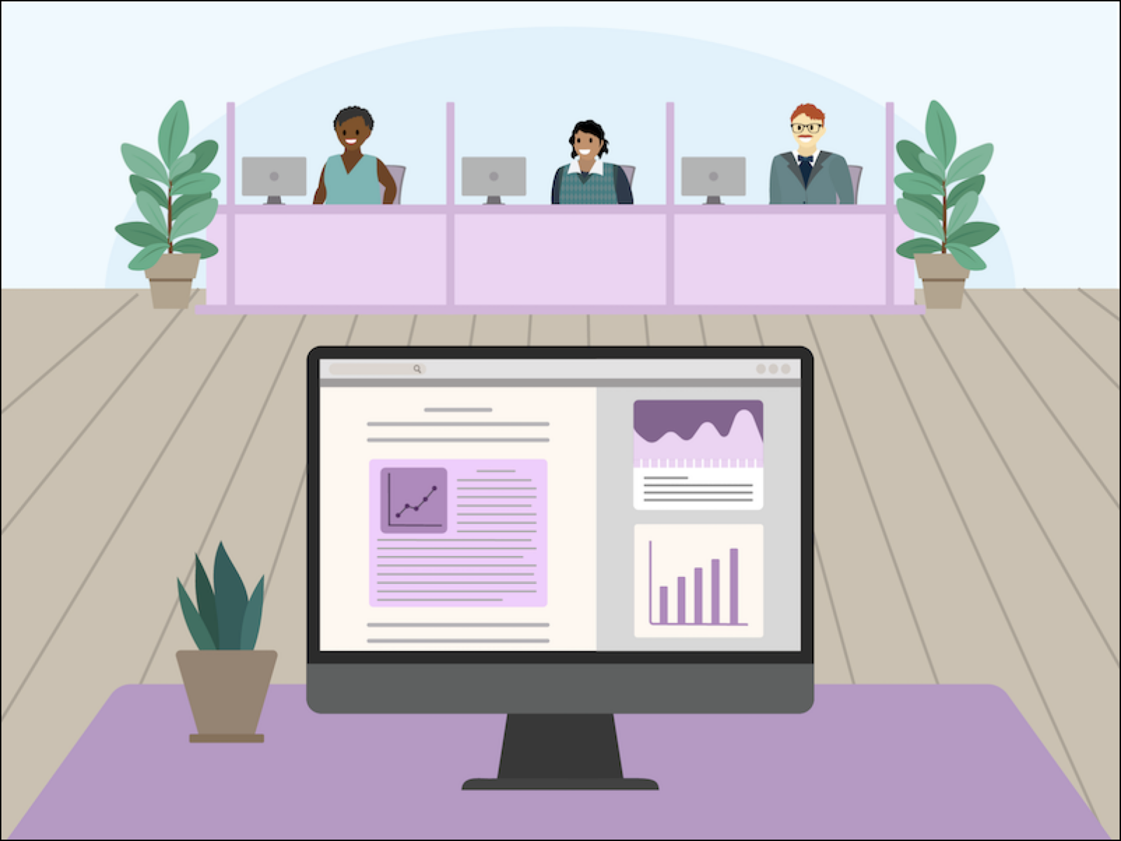 An illustration of the inside of a bank, with bank tellers and a computer monitor showing data graphs and charts.