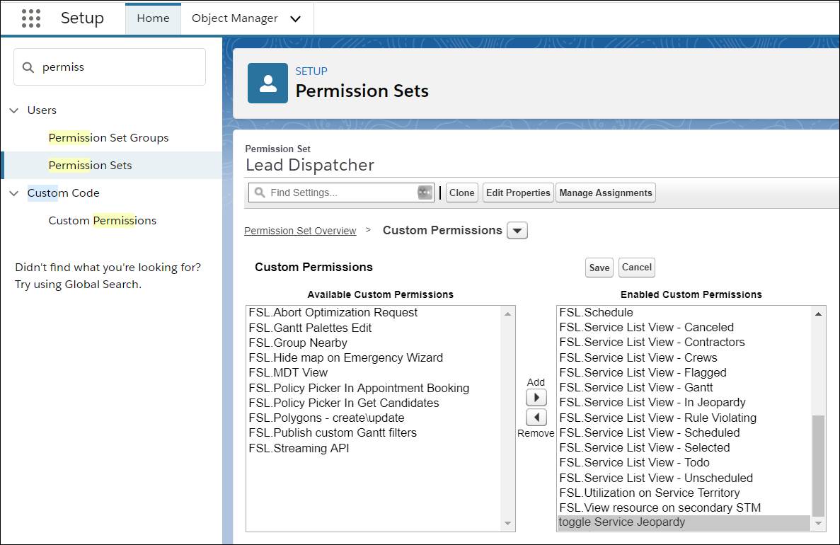 Lead Dispatchers permission set showing the toggle Service Jeopardy permission added to the list of enabled permissions.