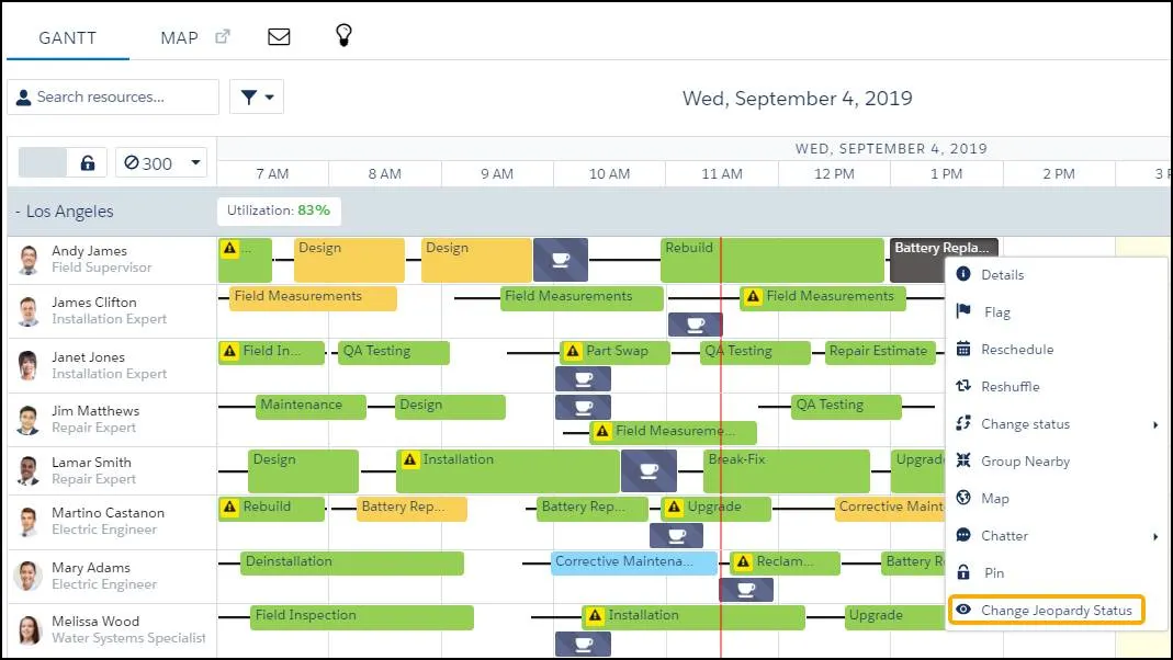 Right-click menu for a service appointment in the Gantt opened to show the Change Jeopardy Status option added to the bottom of the menu