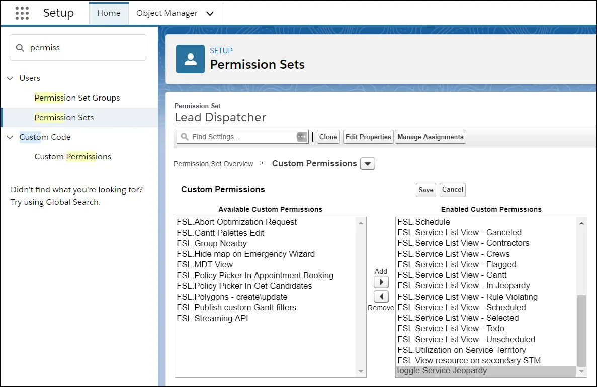 Lead Dispatchers permission set showing the toggle Service Jeopardy permission added to the list of enabled permissions.