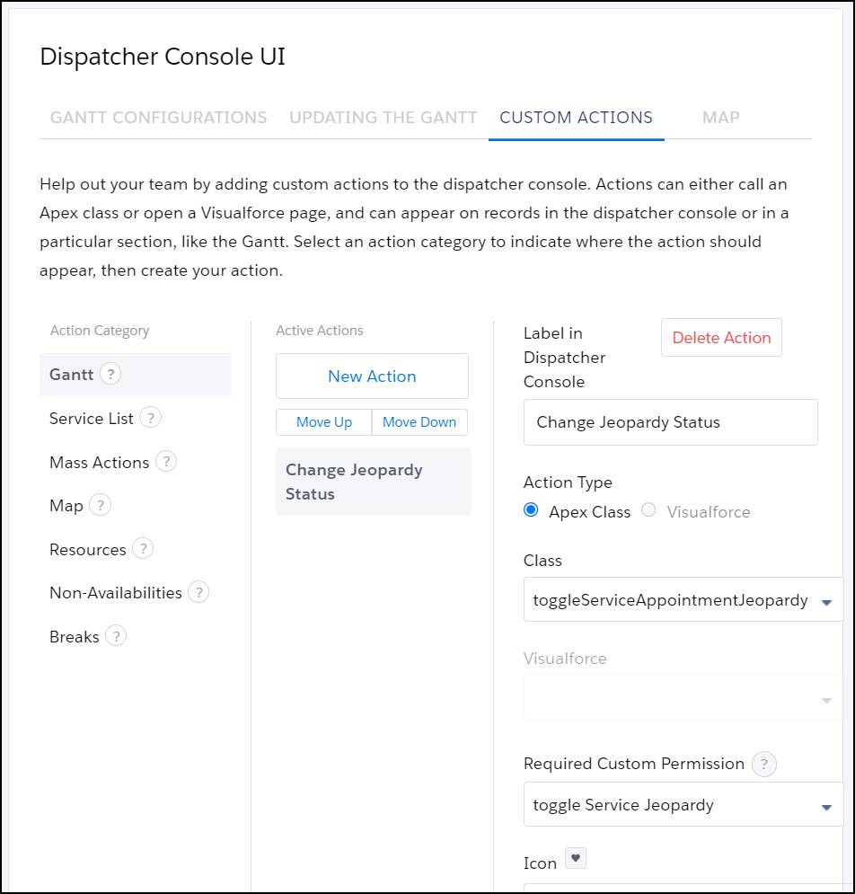 Custom Actions tab with the values filled out.