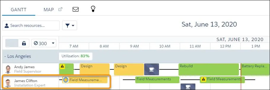 Gantt showing a sunshine icon next to James Clifton’s first appointment.