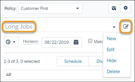 Trabalhos longos selecionados na lista de opção de filtros com o menu do filtro aberto mostrando Novo, Editar, Ocultar e Excluir.