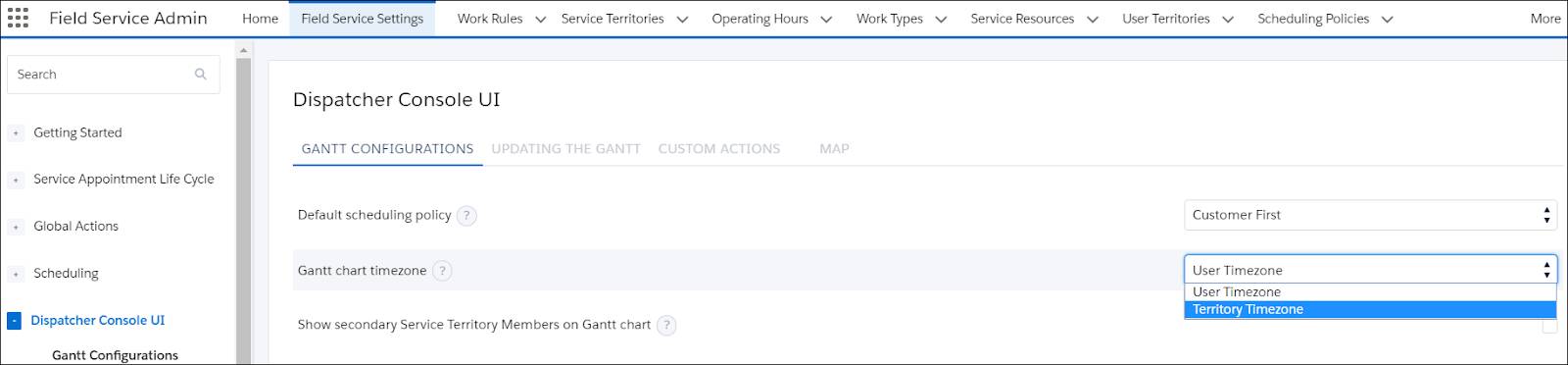選択された [Territory Timezone (テリトリータイムゾーン)] が表示されている [Dispatcher Console UI (ディスパッチャーコンソール UI)] 設定。