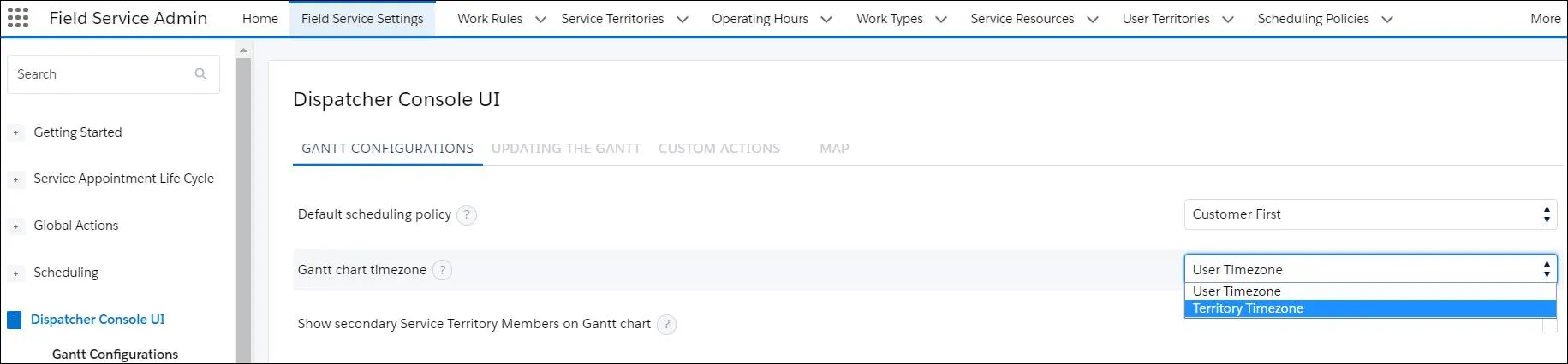 選択された [Territory Timezone (テリトリータイムゾーン)] が表示されている [Dispatcher Console UI (ディスパッチャーコンソール UI)] 設定。