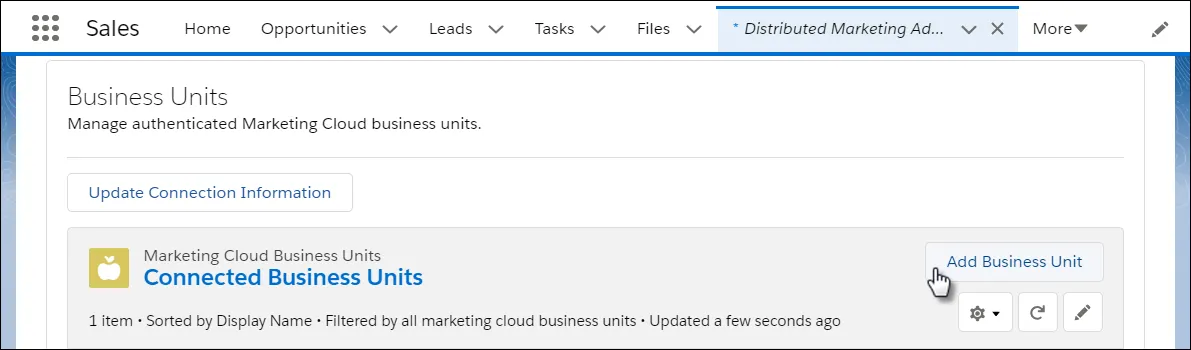 The Distributed Marketing Administration interface with a mouse clicking the Add Business Unit button.