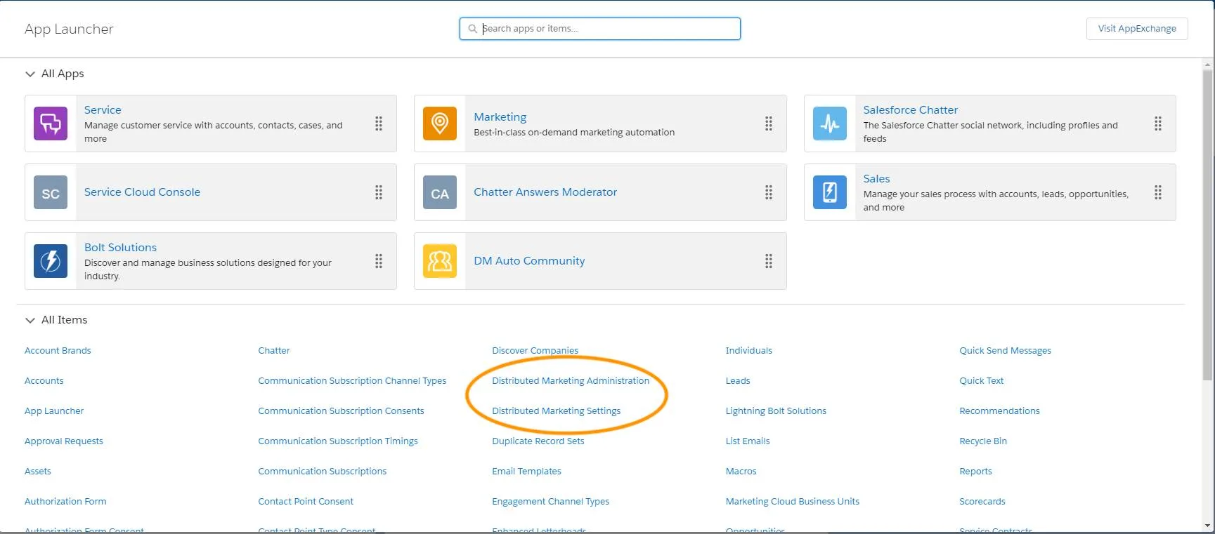 The App Launcher with Distributed Marketing Administration and Distributed Marketing Settings highlighted.