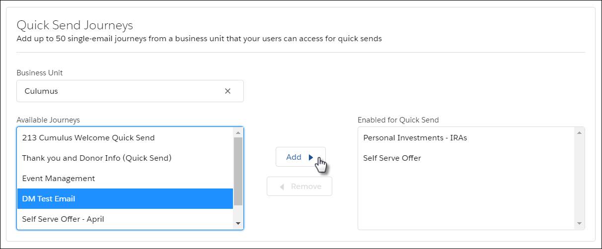 [Distributed Marketing の管理] ページの [クイック送信ジャーニー] セクションで [DM Test Email (DM テストメール)] を選択します。クイック送信のジャーニーを有効にするには、[追加] をクリックします。