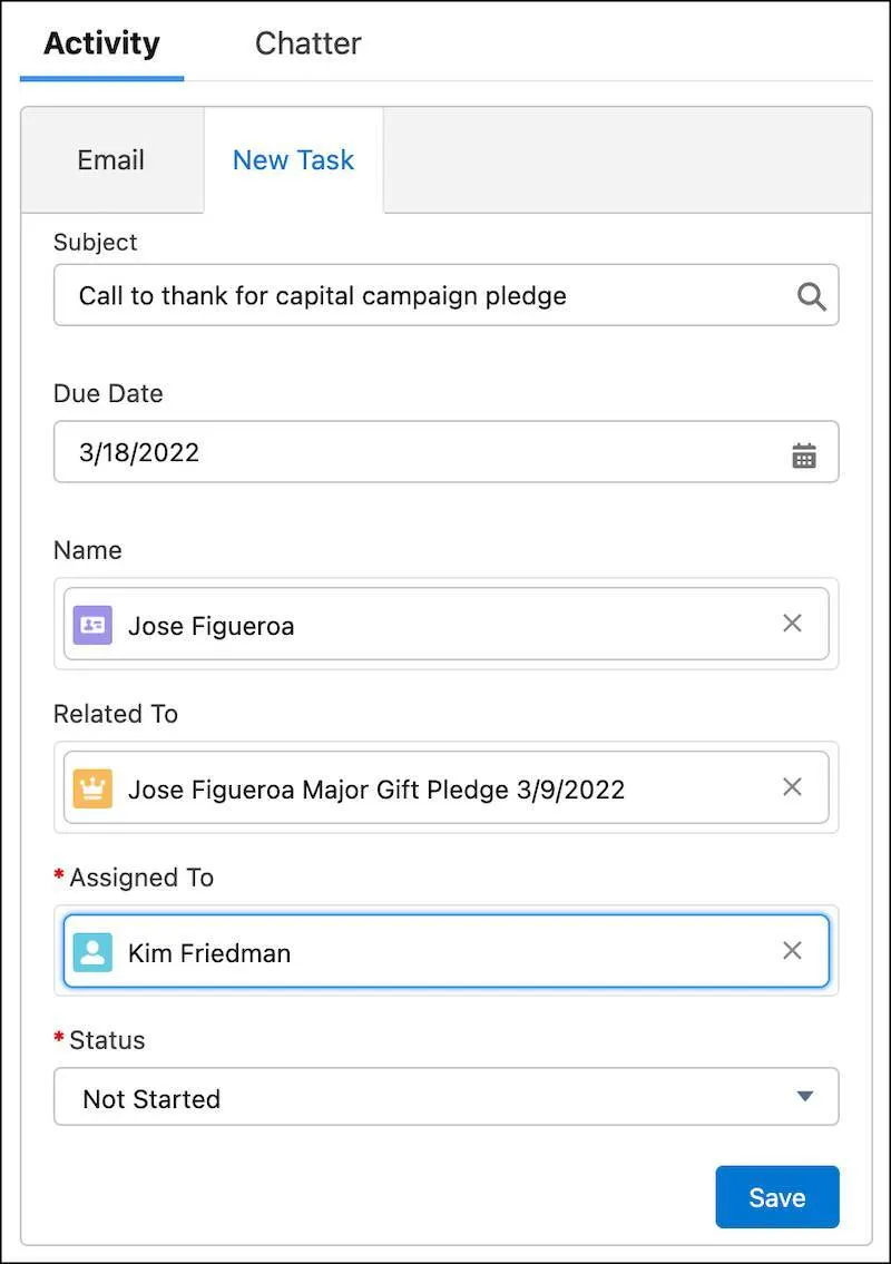 The New Task in the Activity panel including the Subject, Due Date, Name, Related To, Assigned To, and Status fields populated