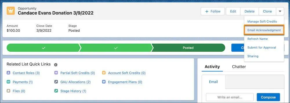 The Email Acknowledgment button in the quick actions Show Actions menu on the Candace Evans Donation opportunity record page