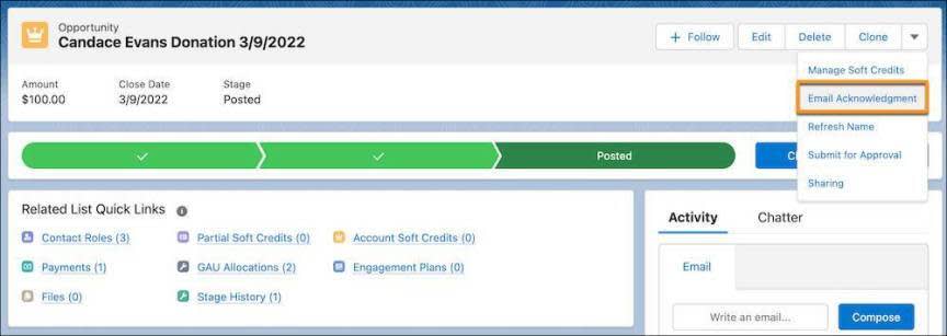 The Email Acknowledgment button in the quick actions Show Actions menu on the Candace Evans Donation opportunity record page