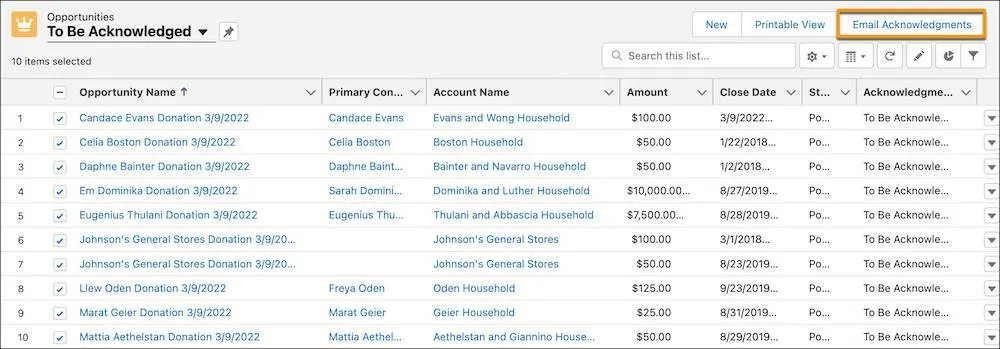 The Email Acknowledgments button on a To Be Acknowledged Opportunities list view with ten records selected.