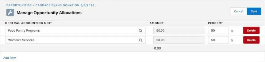 The Manage Opportunity Allocations page with Food Pantry Programs and Women’s Services listed in the General Accounting Unit rows