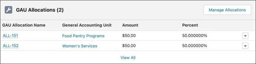 The GAU Allocations related list with two allocations: Food Pantry Programs and Women’s Services