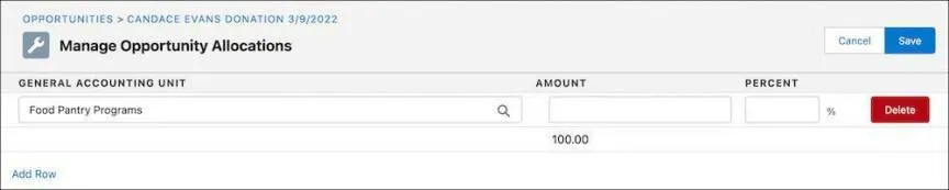 The Manage Opportunity Allocations page with Food Pantry Programs listed in the General Accounting Unit row